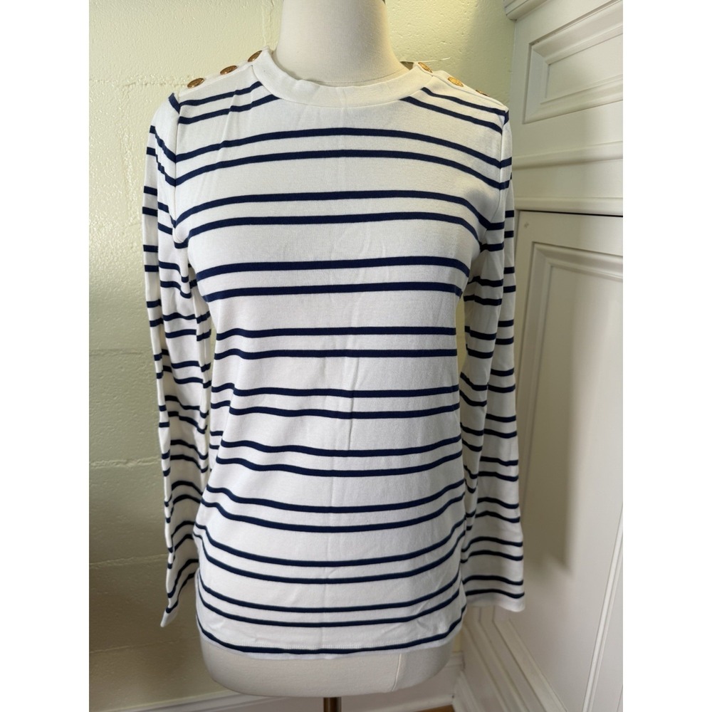J.Crew Perfect Fit Striped Top Womens Medium Blue White Nautical Button Shoulder